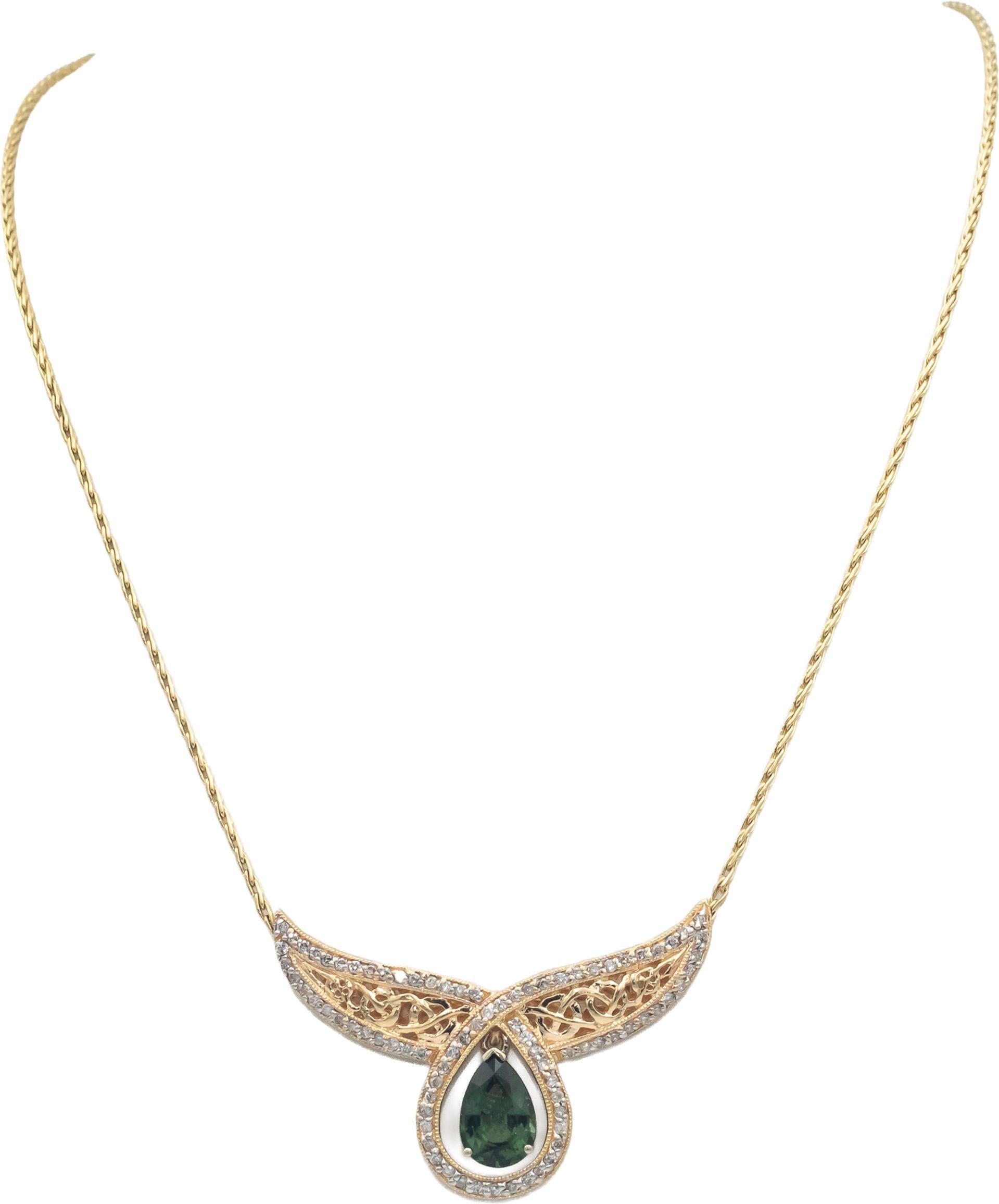 14k Yellow Gold Diamond and Tourmaline Fixed Pendant Formal Necklace 4.15CT