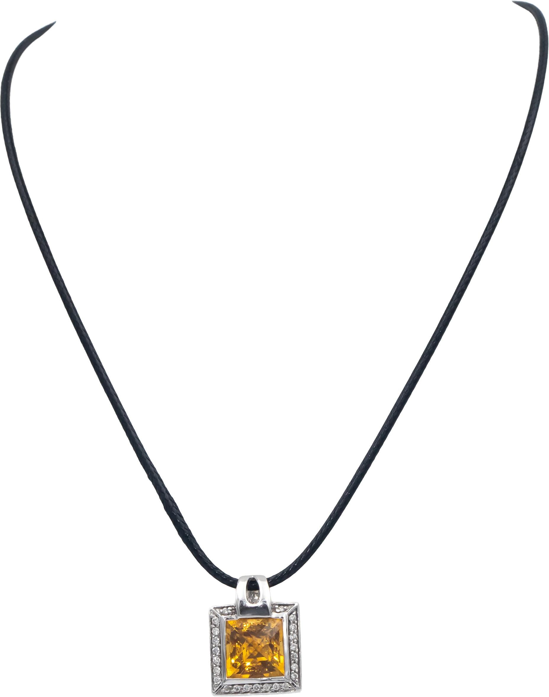 14k White Gold 5.75CT Round Cut Diamond and Cushion Cut Citrine Pendant Necklace