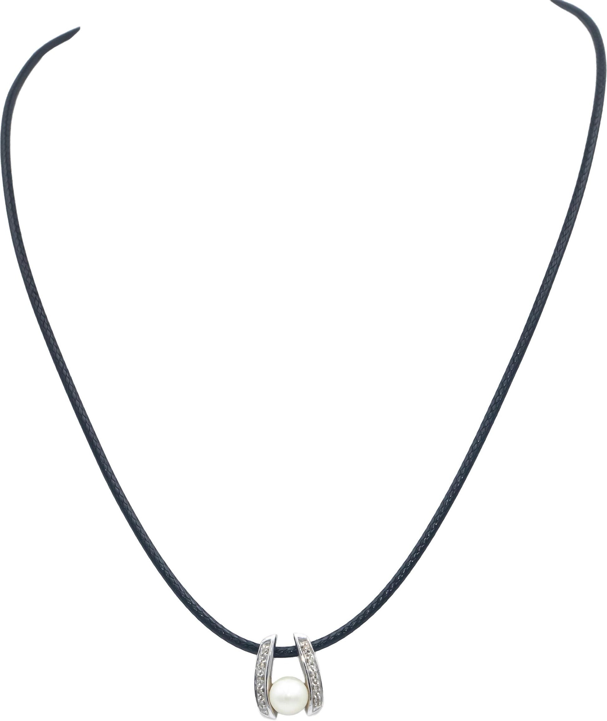 14k White Gold 0.05CT Round Cut Diamond and 6mm Pearl Pendant Necklace
