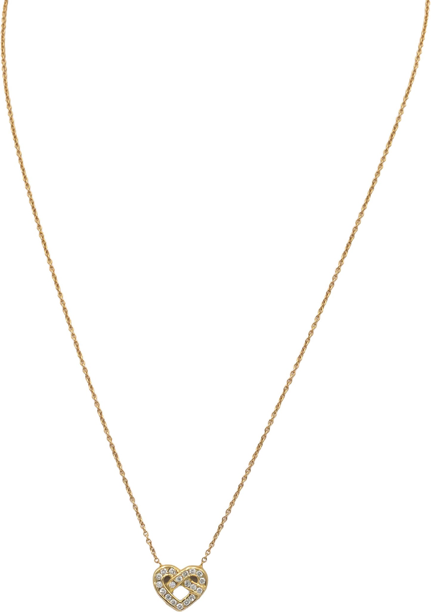 TIFFANY & CO. 18k Yellow Gold VS Diamond Heart Knot Necklace w/ Box 0.30CT
