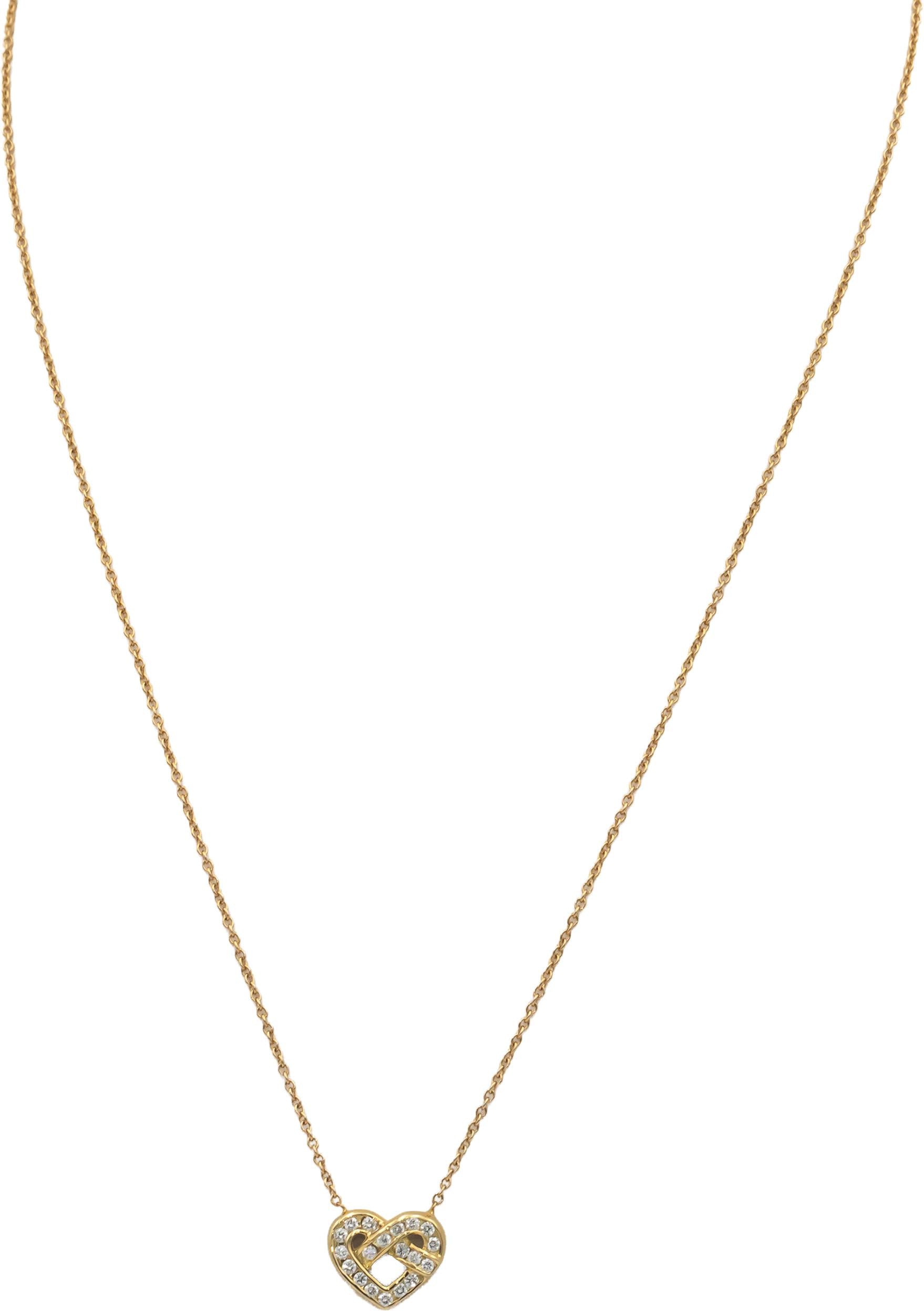 TIFFANY & CO. 18k Yellow Gold VS Diamond Heart Knot Necklace w/ Box 0.30CT