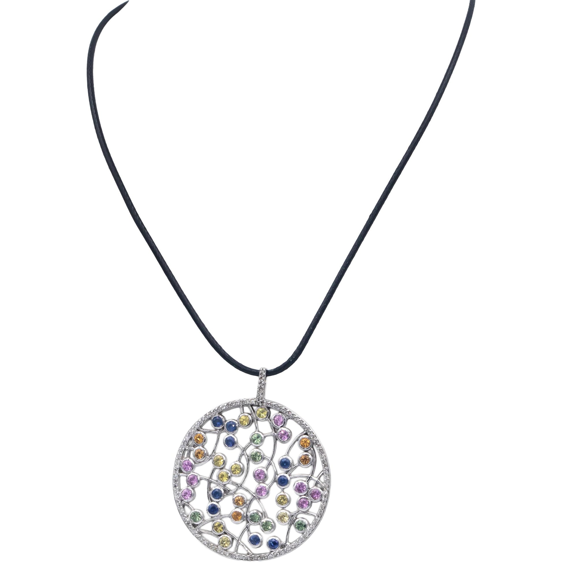 14k White Gold 3.50CT Round Cut Diamond & Rainbow Sapphire Floral Pendant