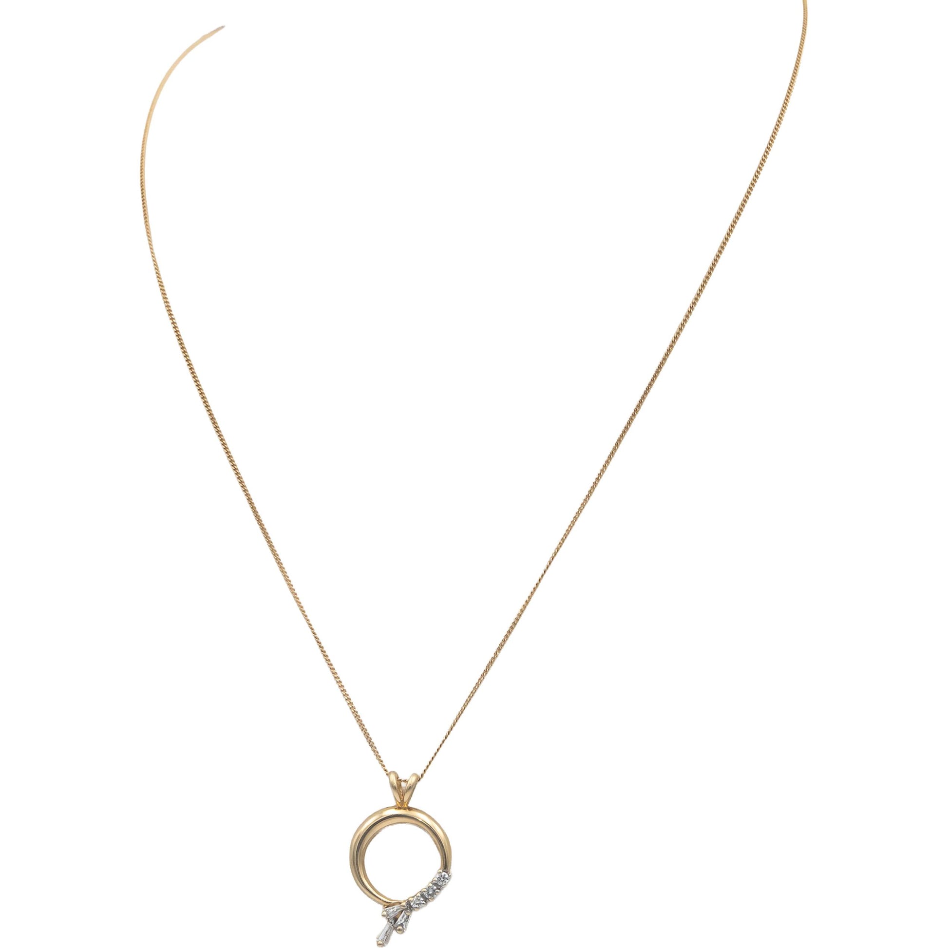 14k Yellow Gold 0.15CT VS Round and Baguette Cut Diamond Pendant Necklace Chain