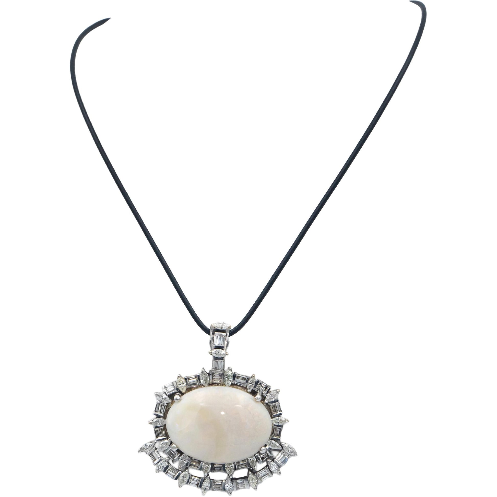 Vintage Antique Diamond and Opal 14k White Gold Pendant Necklace 29.07CT