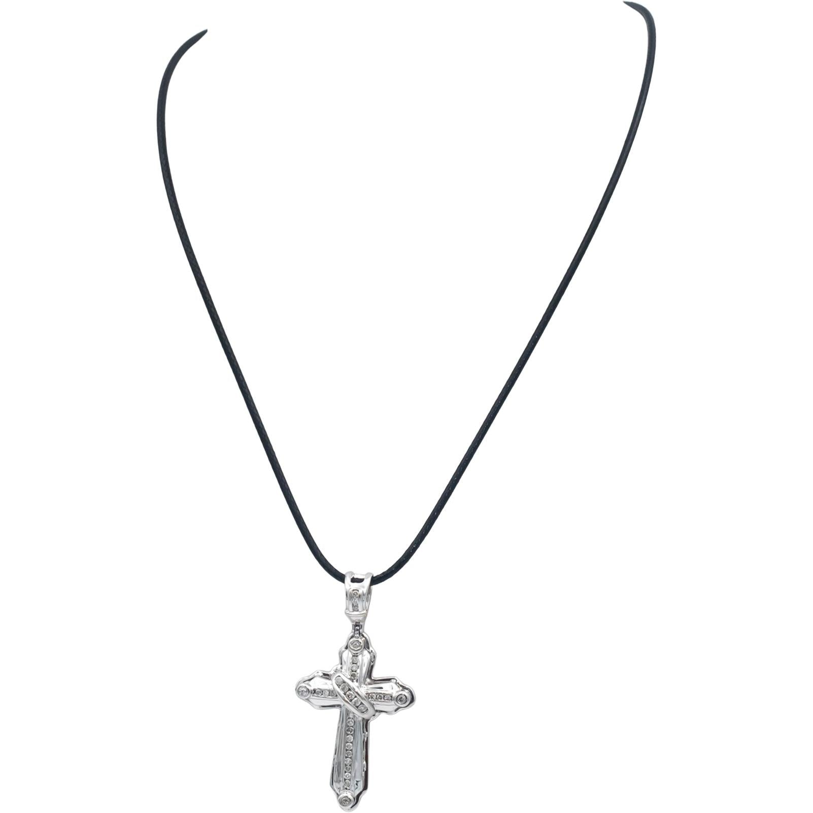 14k White Gold 0.33CT Round Cut Diamond Channel Bezel Set Cross Pendant Necklace