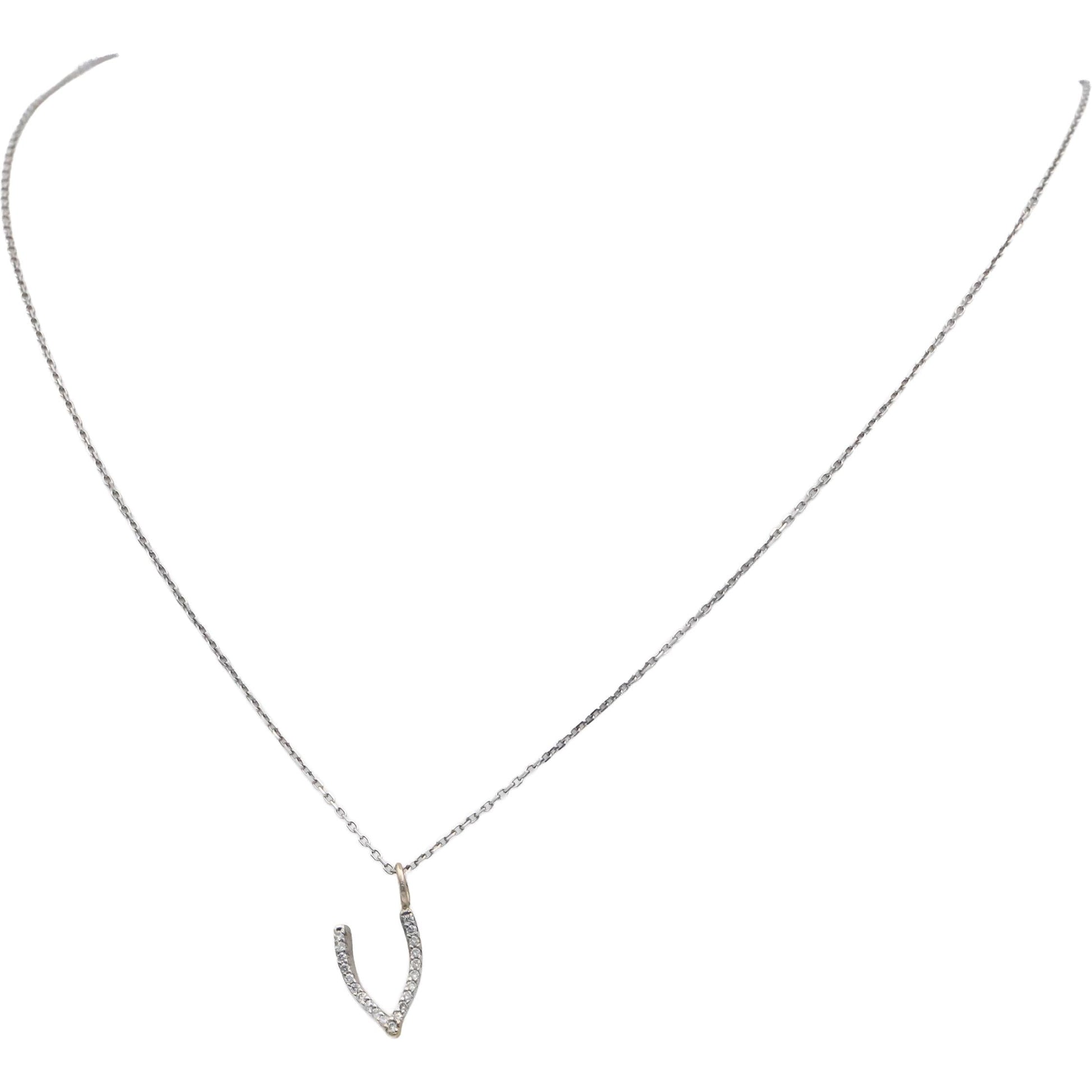18k White Gold 0.10CT Round Cut Diamond Wishbone Pendant Necklace Chain