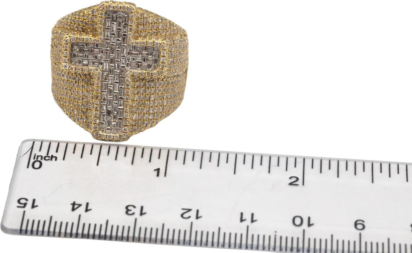 14k Gold Baguette & Round Diamond Iced Out Cross Crucifix Ring 3.0CT Size 10.5
