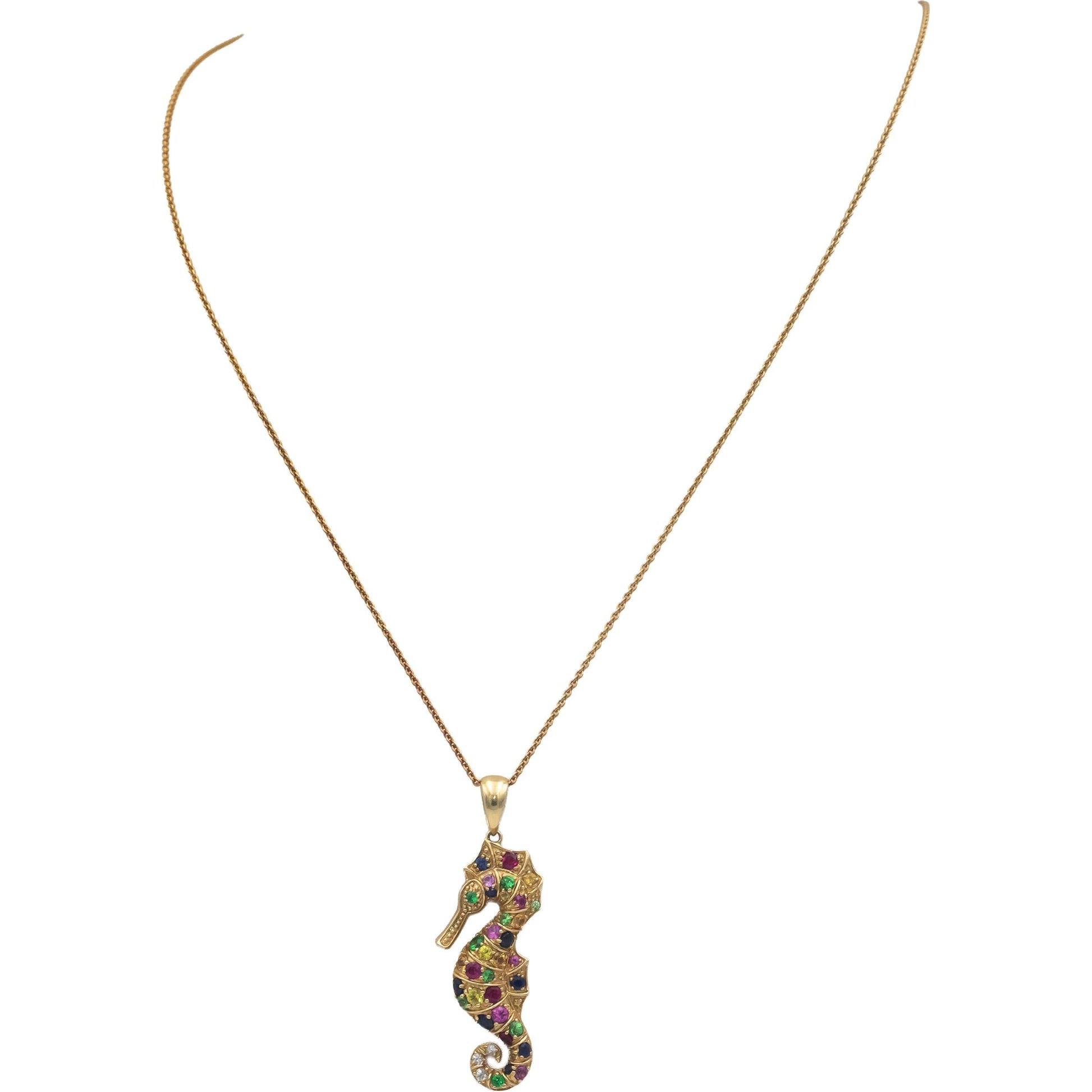 14k Yellow Gold 1.50CT Rainbow Multi-Color Sapphire Seahorse Pendant Necklace