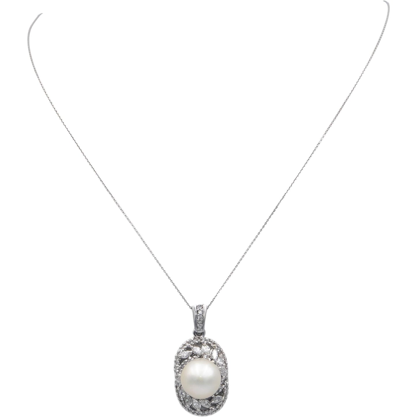 14k White Gold 1.0CT Round & Marquise Cut Diamond 11.7mm Pearl Pendant Necklace