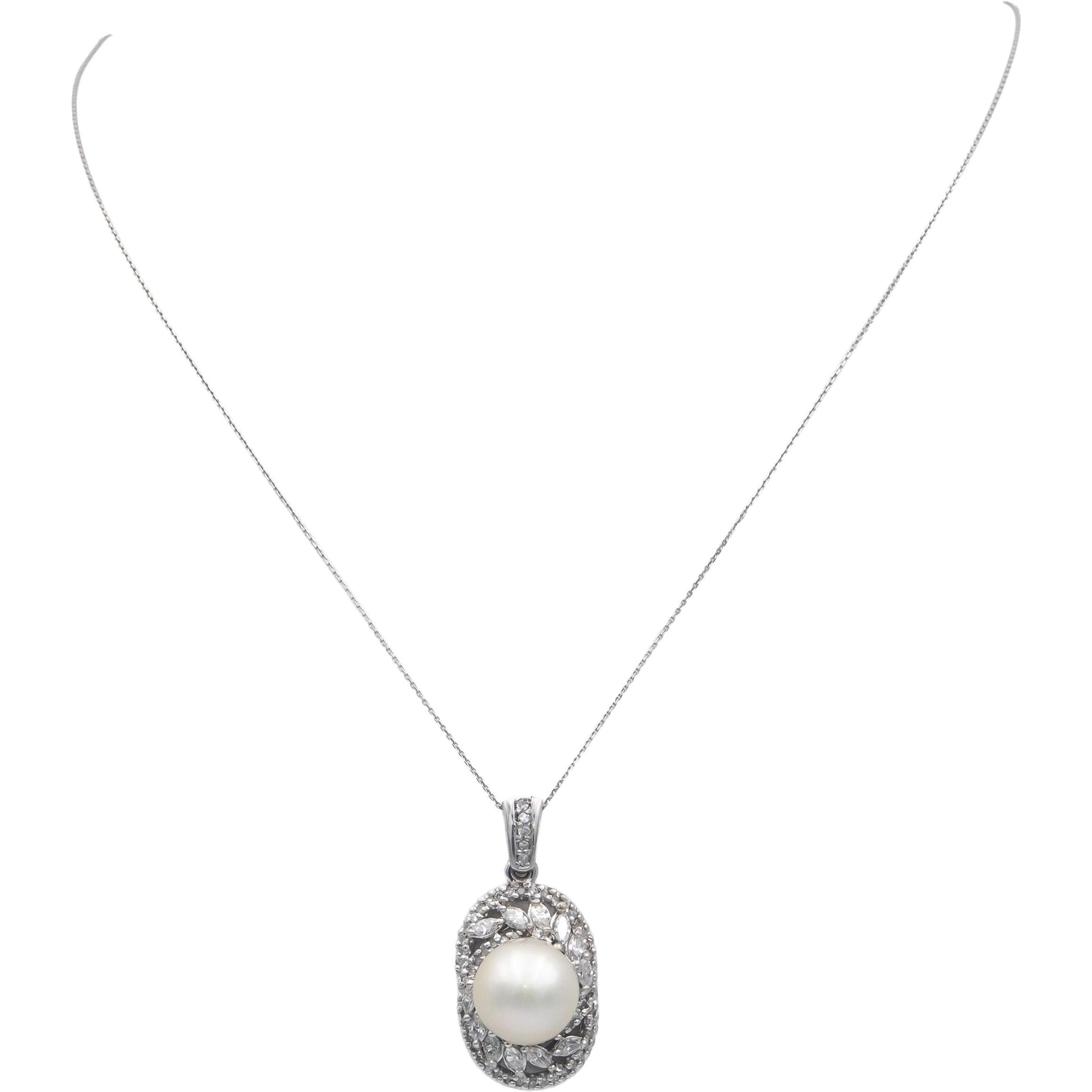 14k White Gold 1.0CT Round & Marquise Cut Diamond 11.7mm Pearl Pendant Necklace
