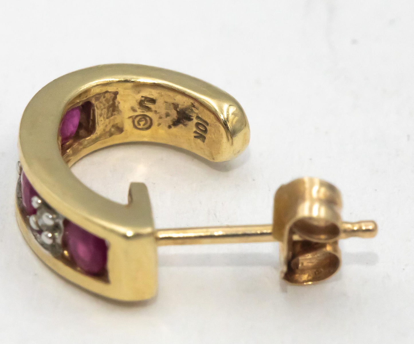 Diamond & Ruby 10k Yellow Gold Curved Stud Earrings 0.34CT