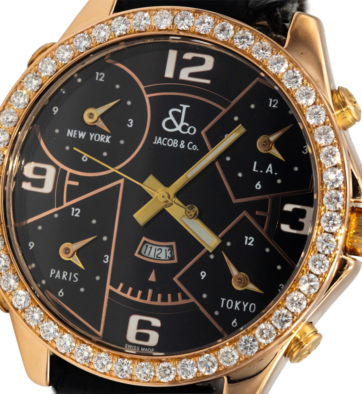 JACOB & CO. 18k Rose Gold Five Time Zone Custom Diamond Bezel Quartz Watch