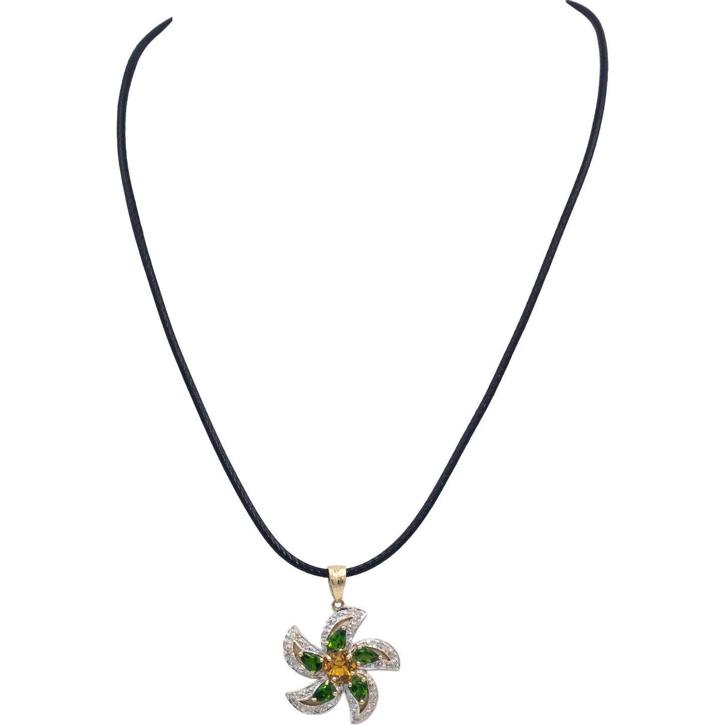 14k Yellow Gold Peridot Citrine Floral Pendant Necklace w/ Diamond Accents .08CT