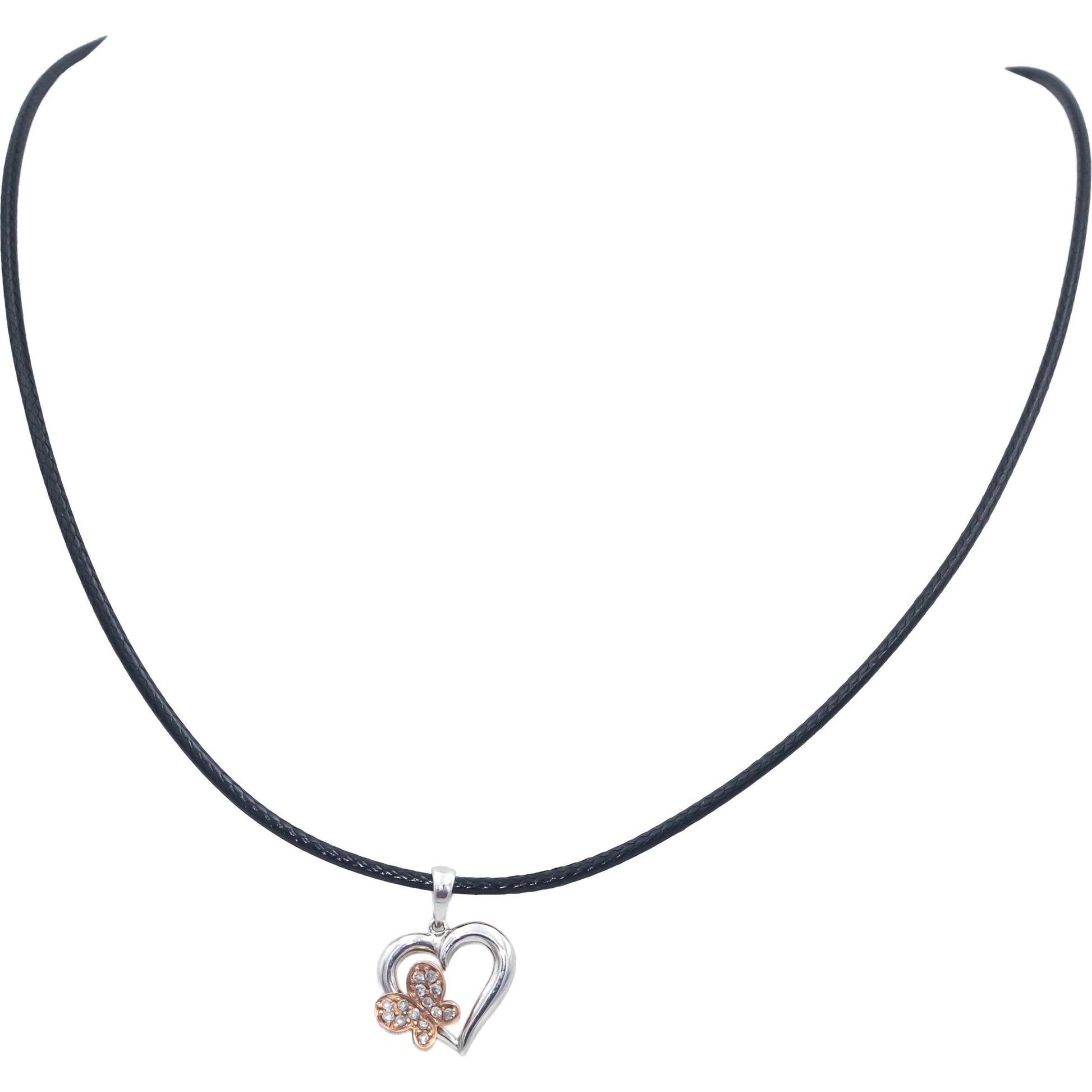 10k White & Yellow Gold Round Cut Diamond Heart Butterfly Pendant Necklace .15CT