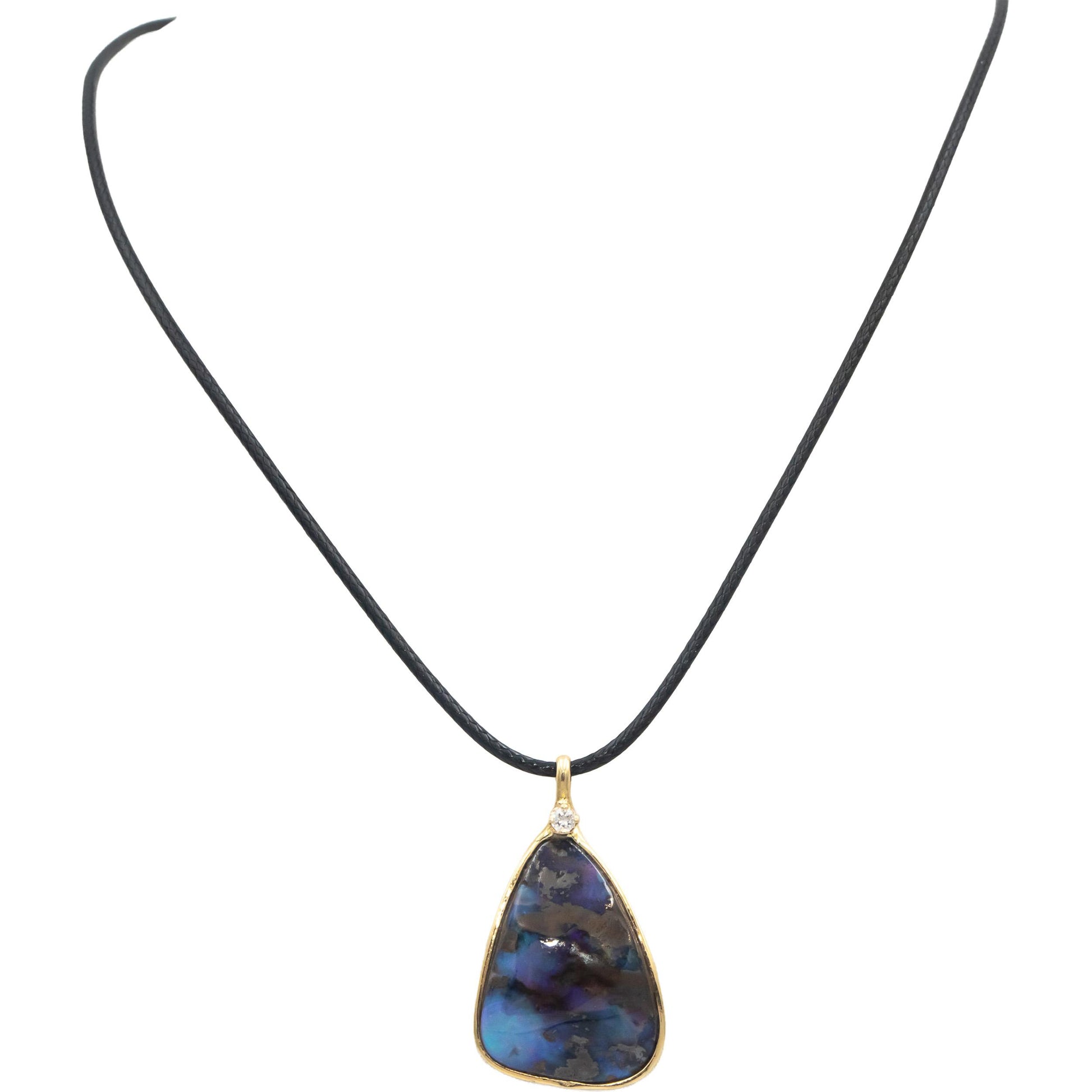 14k Yellow Gold Round Diamond & Boulder Opal Pendant Necklace 15.08CT