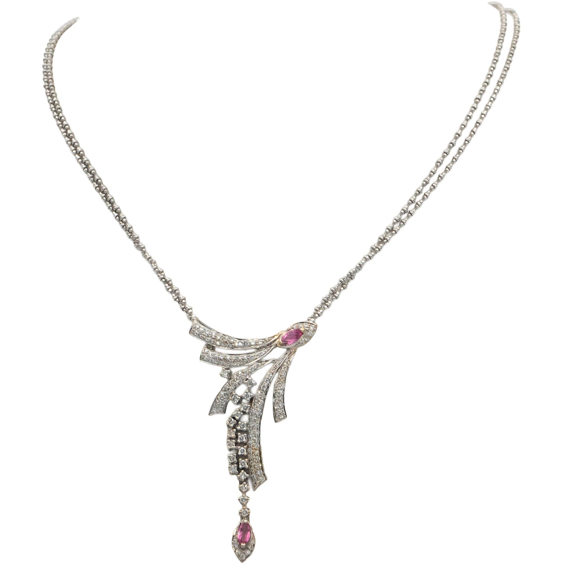 18k White Gold VS Round Diamond & Marquise Pink Sapphire Pendant Necklace 1.11CT
