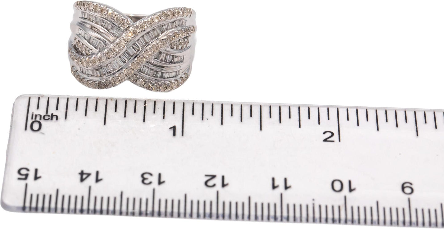 10k White Gold Round & Baguette Cut Diamond Crossover Cocktail Ring 1.0CT Size 7