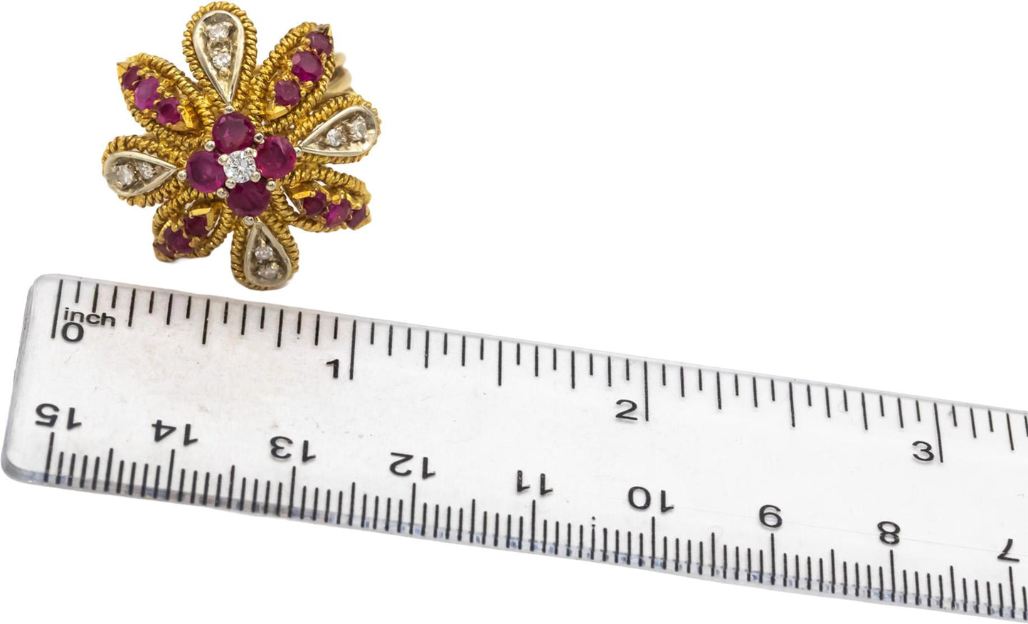 18k Yellow White Gold VS Round Diamond Ruby Floral Cocktail Ring 1.15CT Sz 6.75