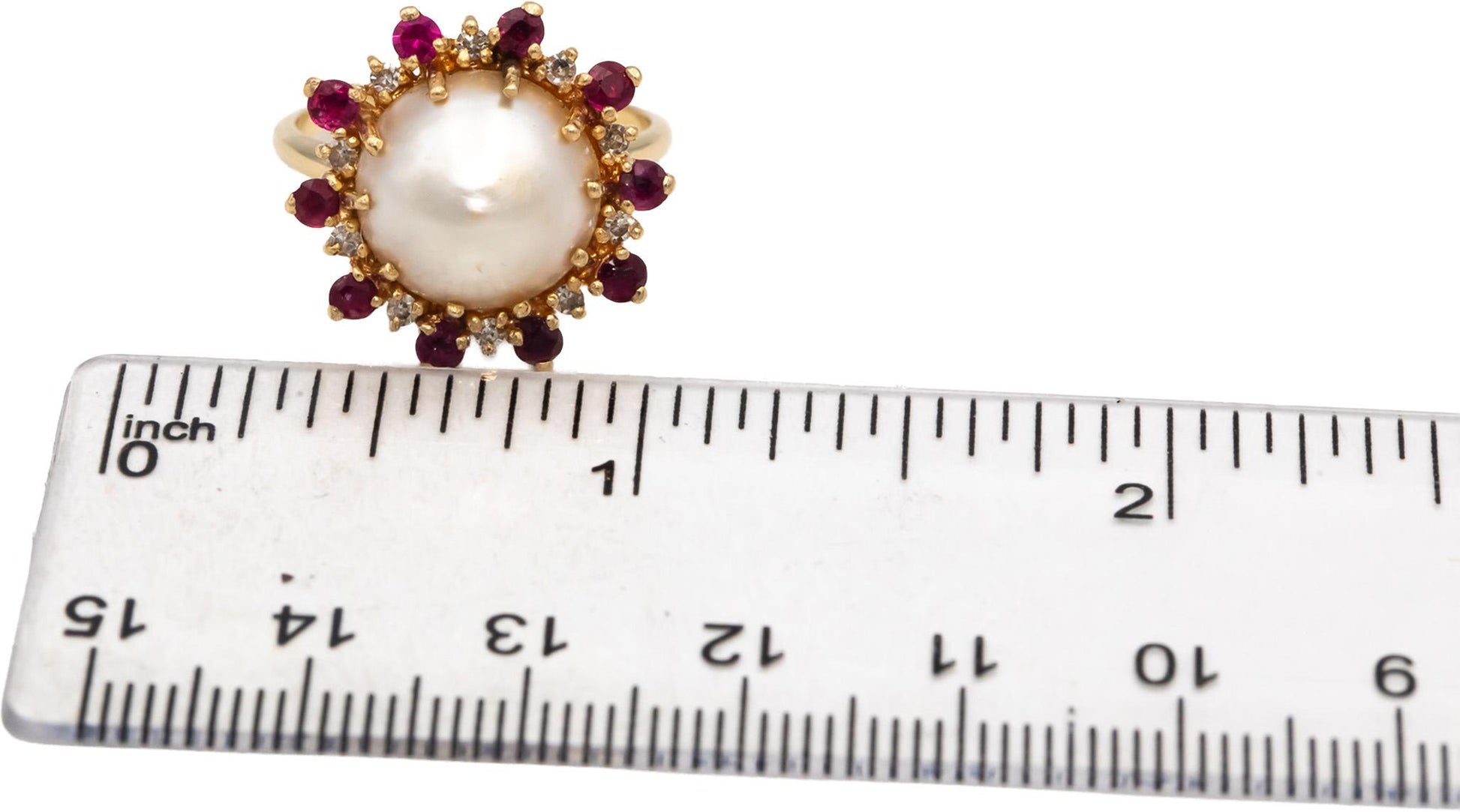14k Yellow Gold Diamond Ruby & 12mm Mabe Pearl Cocktail Ring 0.40CT Size 7.5