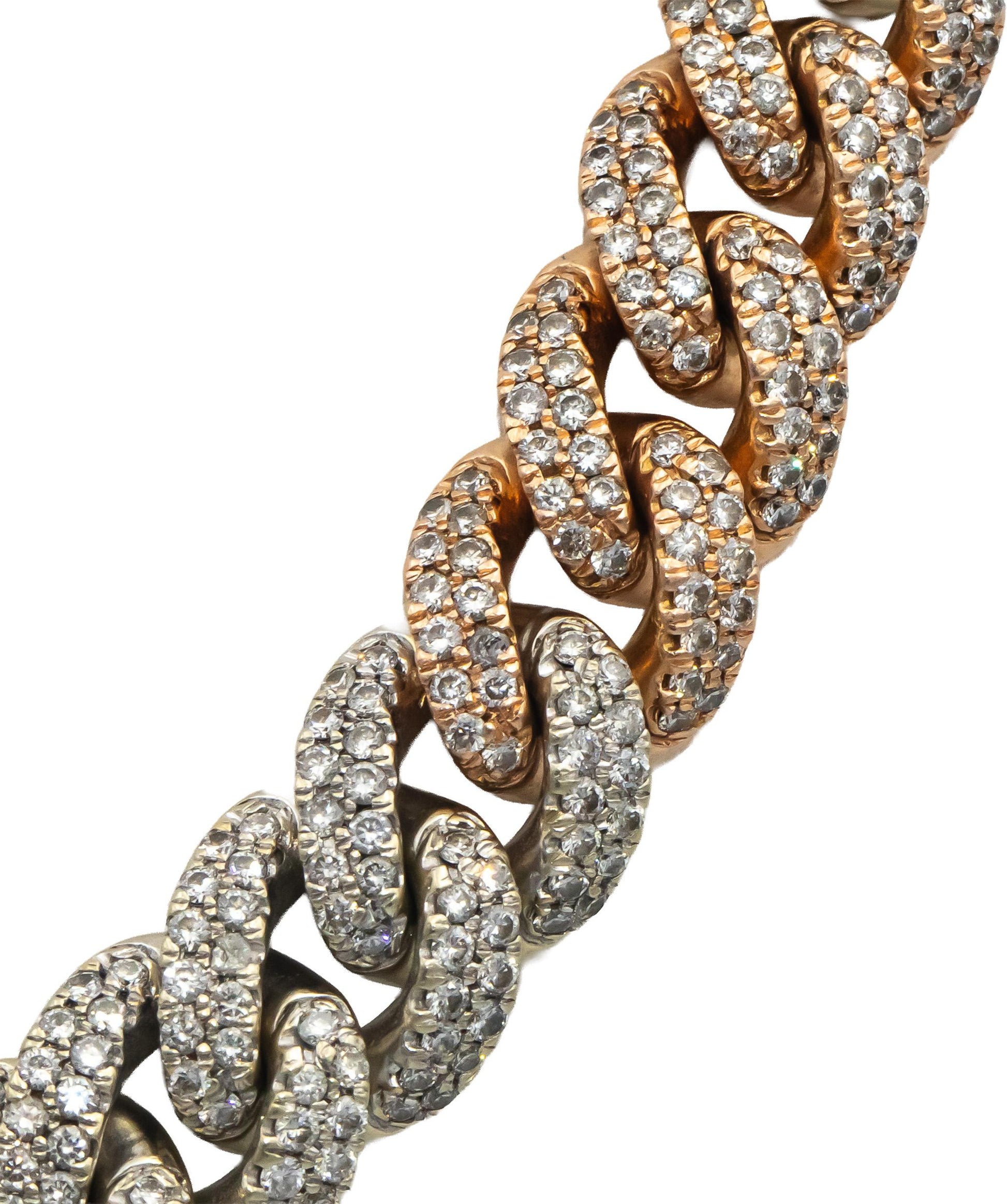 14k Rose & White Gold Round Diamond Iced Out Cuban Link Necklace 22.0CTW