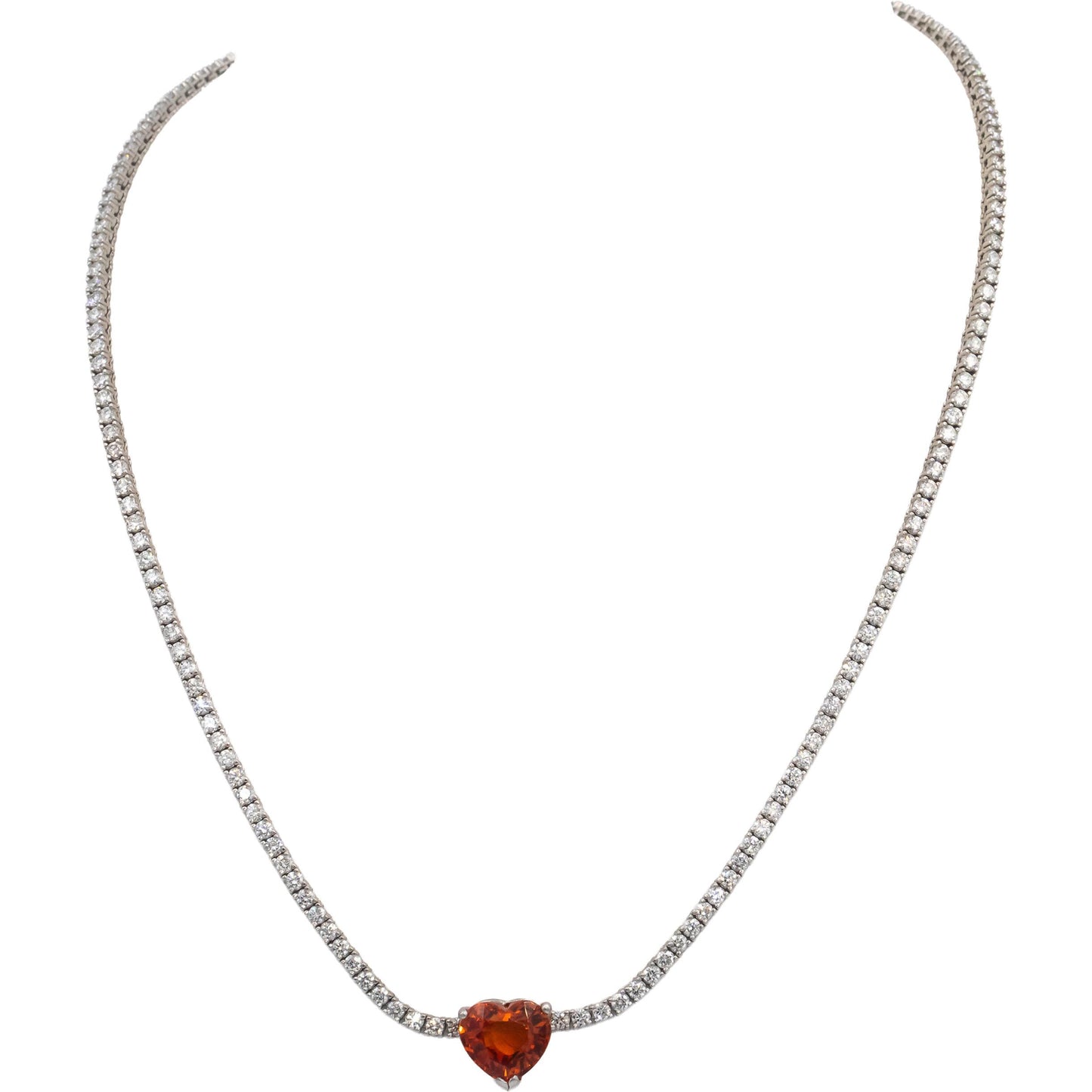 14k White Gold Heart Cut Orange Garnet VS Round Diamond Formal Necklace 10.58CT