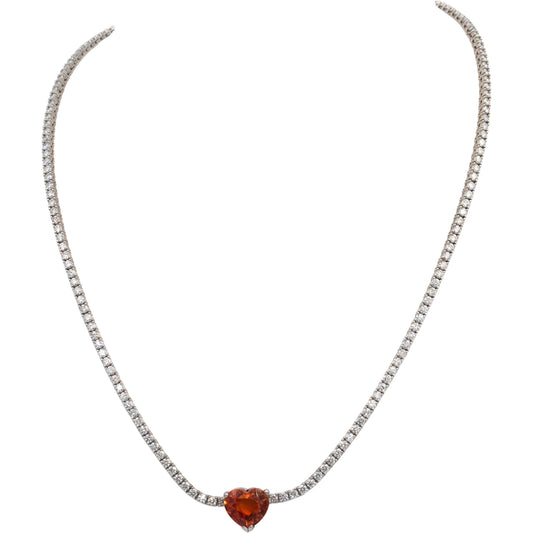 14k White Gold Heart Cut Orange Garnet VS Round Diamond Formal Necklace 10.58CT
