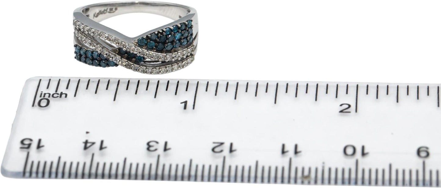 Designer 9k White Gold White & Blue Round Diamond Crossover Ring 1.0CT Size 7