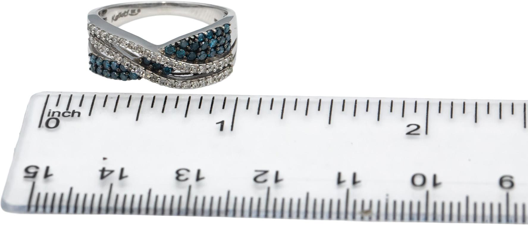 Designer 9k White Gold White & Blue Round Diamond Crossover Ring 1.0CT Size 7