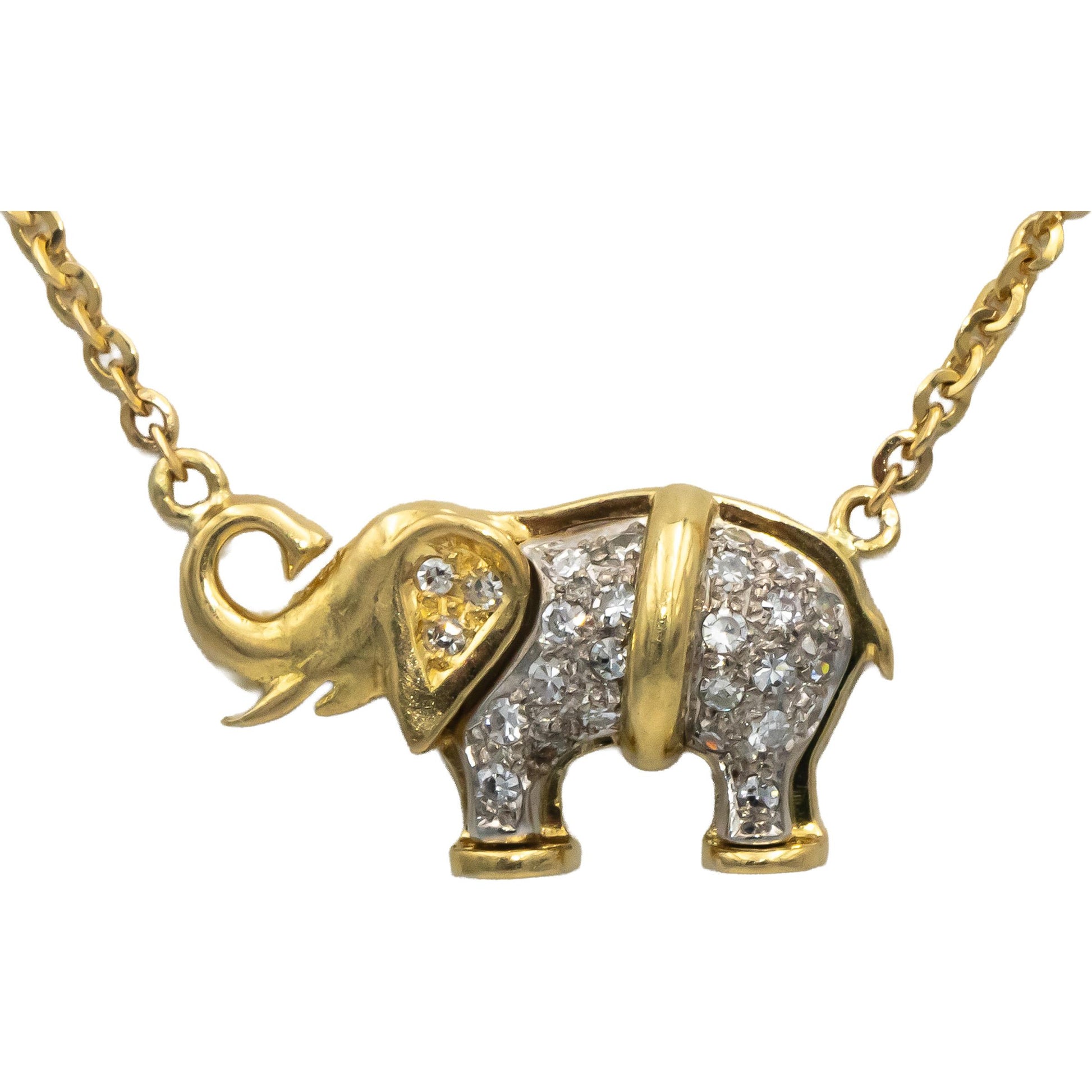 18k Yellow & White Gold VS Round Diamond Elephant Fixed Pendant Necklace 0.50CT