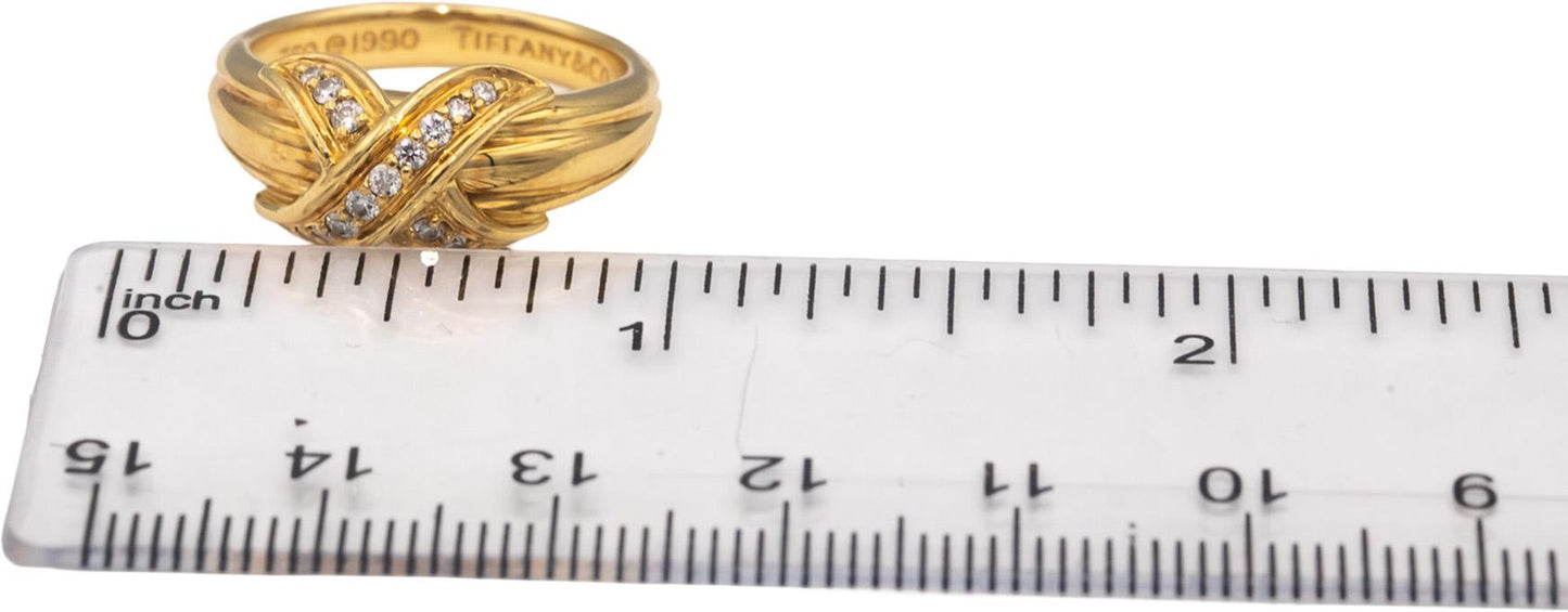 TIFFANY & CO. Vintage 18k Yellow Gold Round Diamond "X" Style Ring .17CT Size 7
