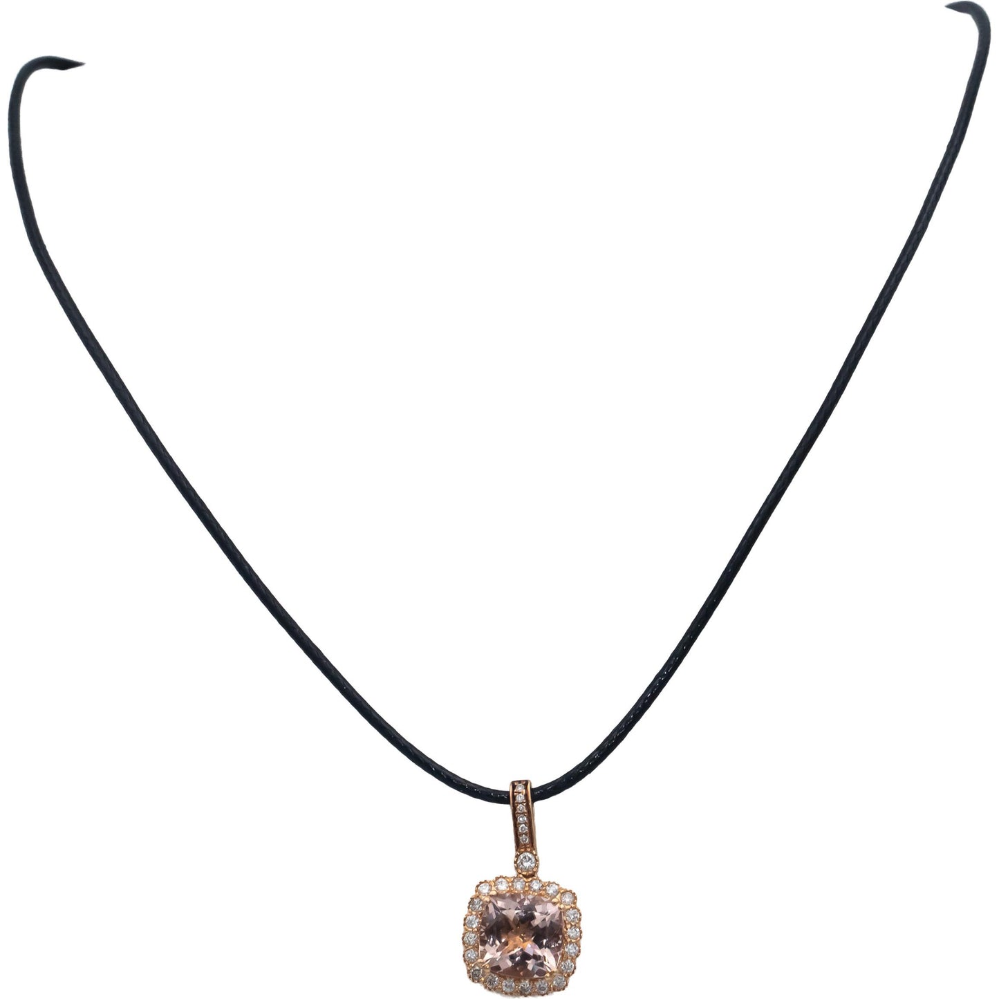 14k Rose Gold Cushion Cut Morganite & Round Diamond Pendant Necklace 2.85CT