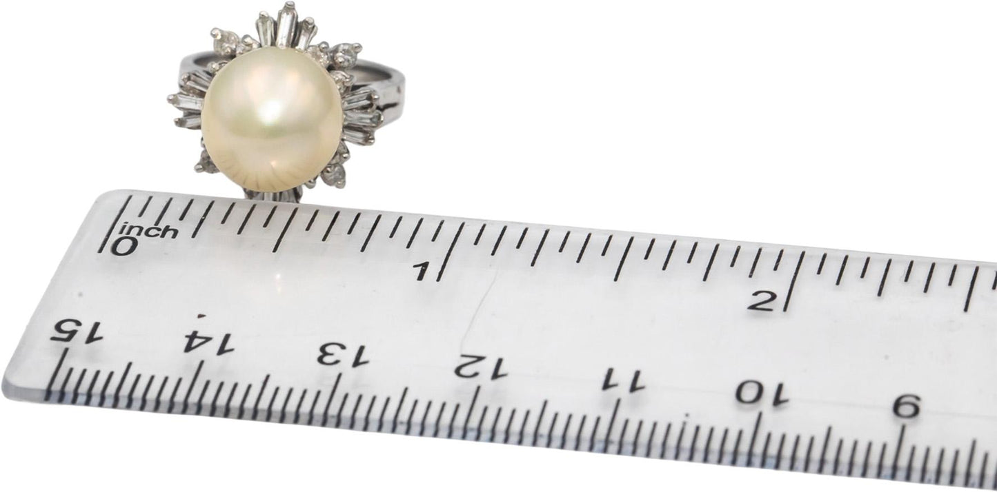 14k White Gold 11.0mm Pearl Round & Baguette Diamond Ring 0.50CT Size 4.75