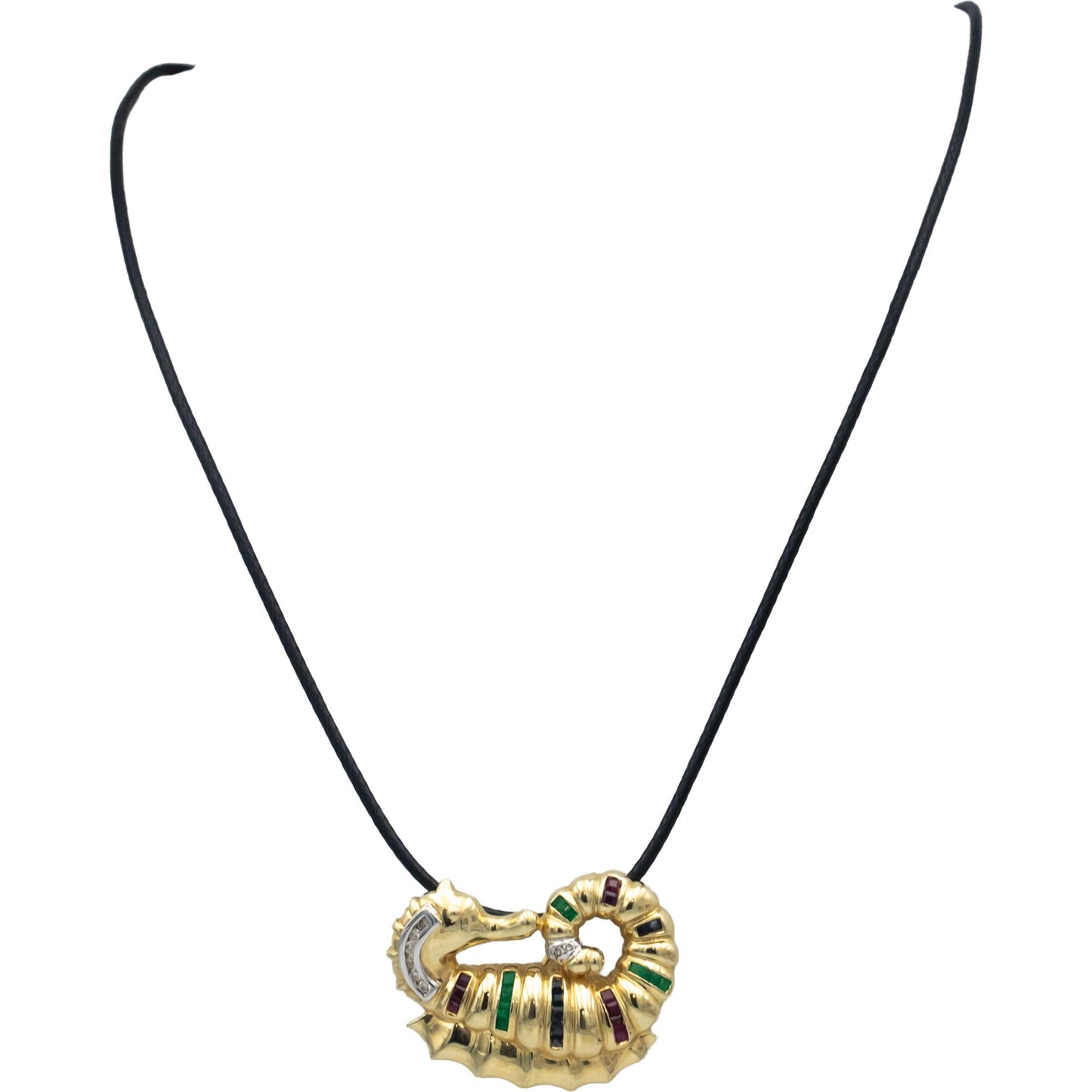 14k Yellow Gold Diamond Ruby Emerald Sapphire Seahorse Pendant Necklace .47CT