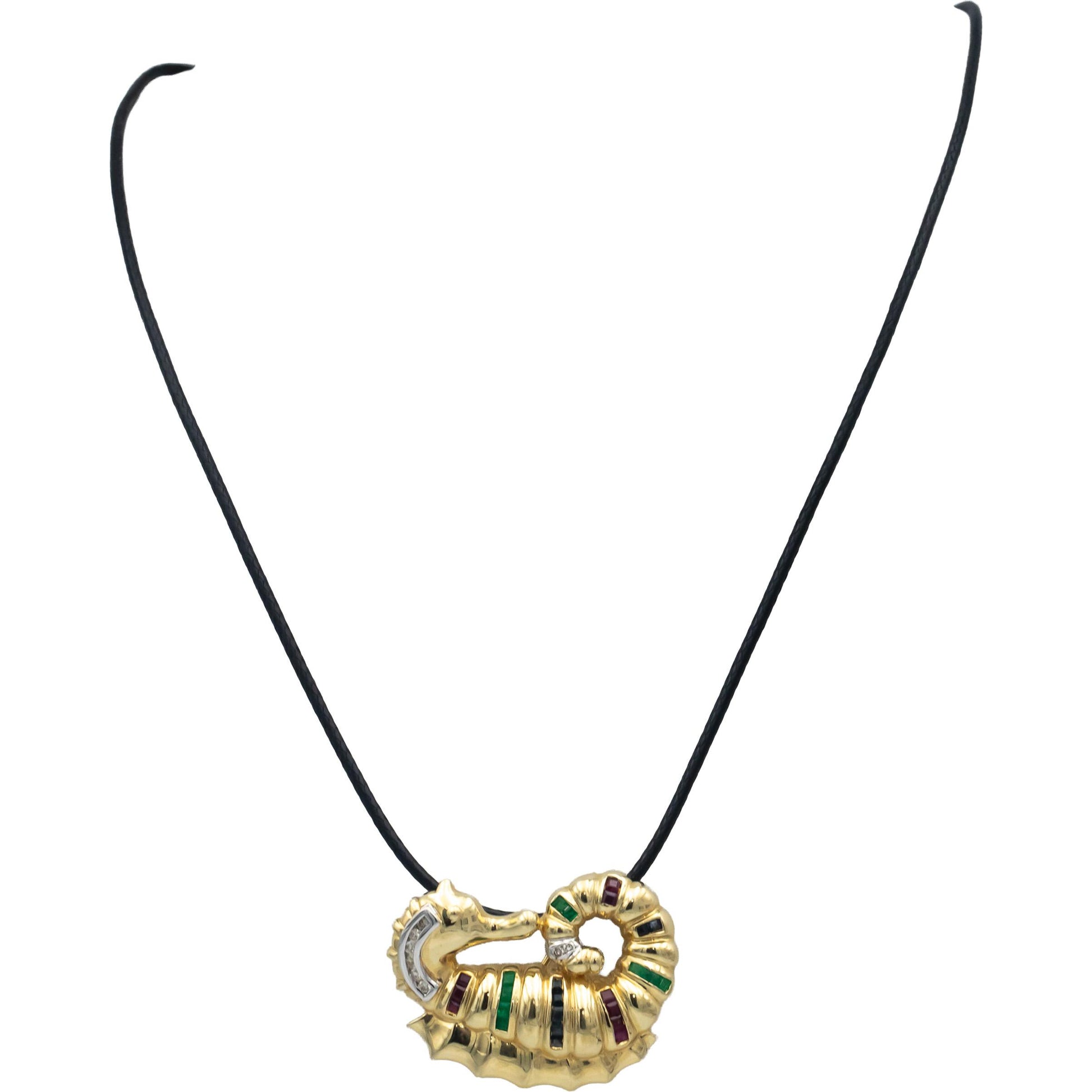 14k Yellow Gold Diamond Ruby Emerald Sapphire Seahorse Pendant Necklace .47CT