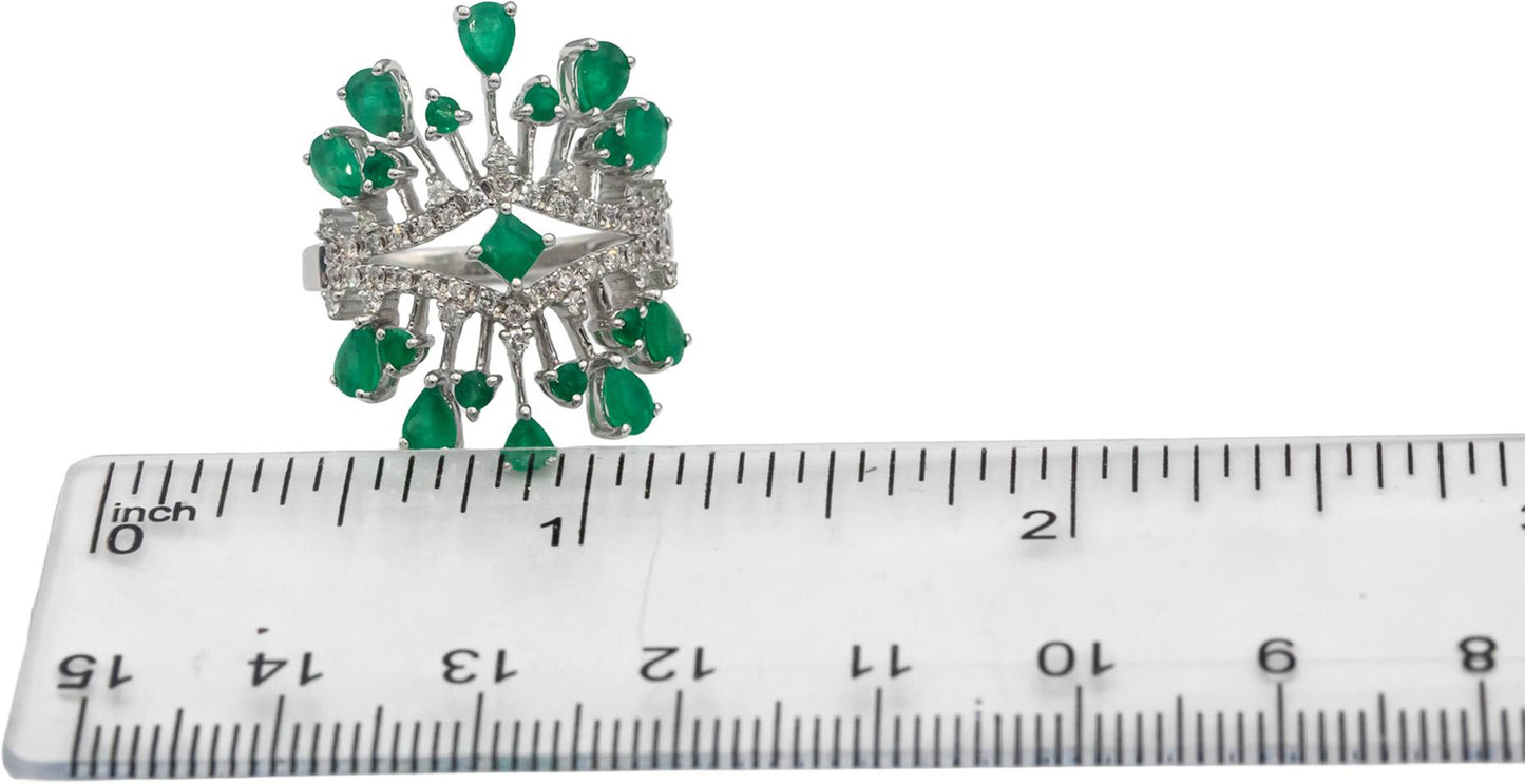18k White Gold Emerald & Diamond Cocktail Ring 1.45CTW Size 7.25