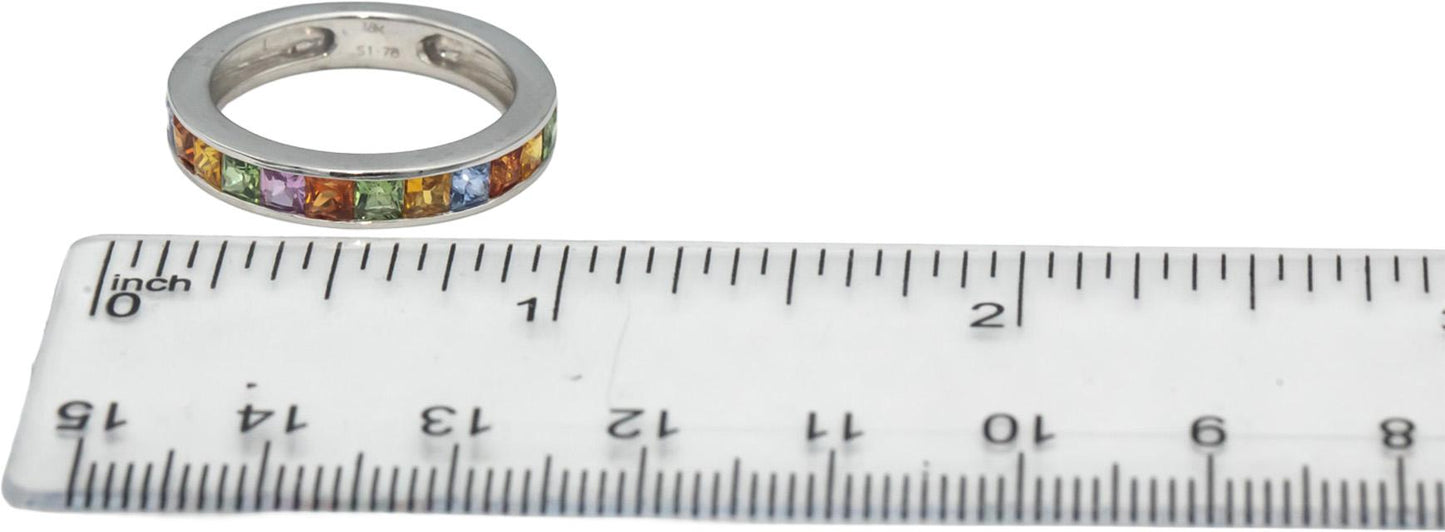 18k White Gold Square Rainbow Sapphire Channel Set Band Ring 1.78CTW Size 7