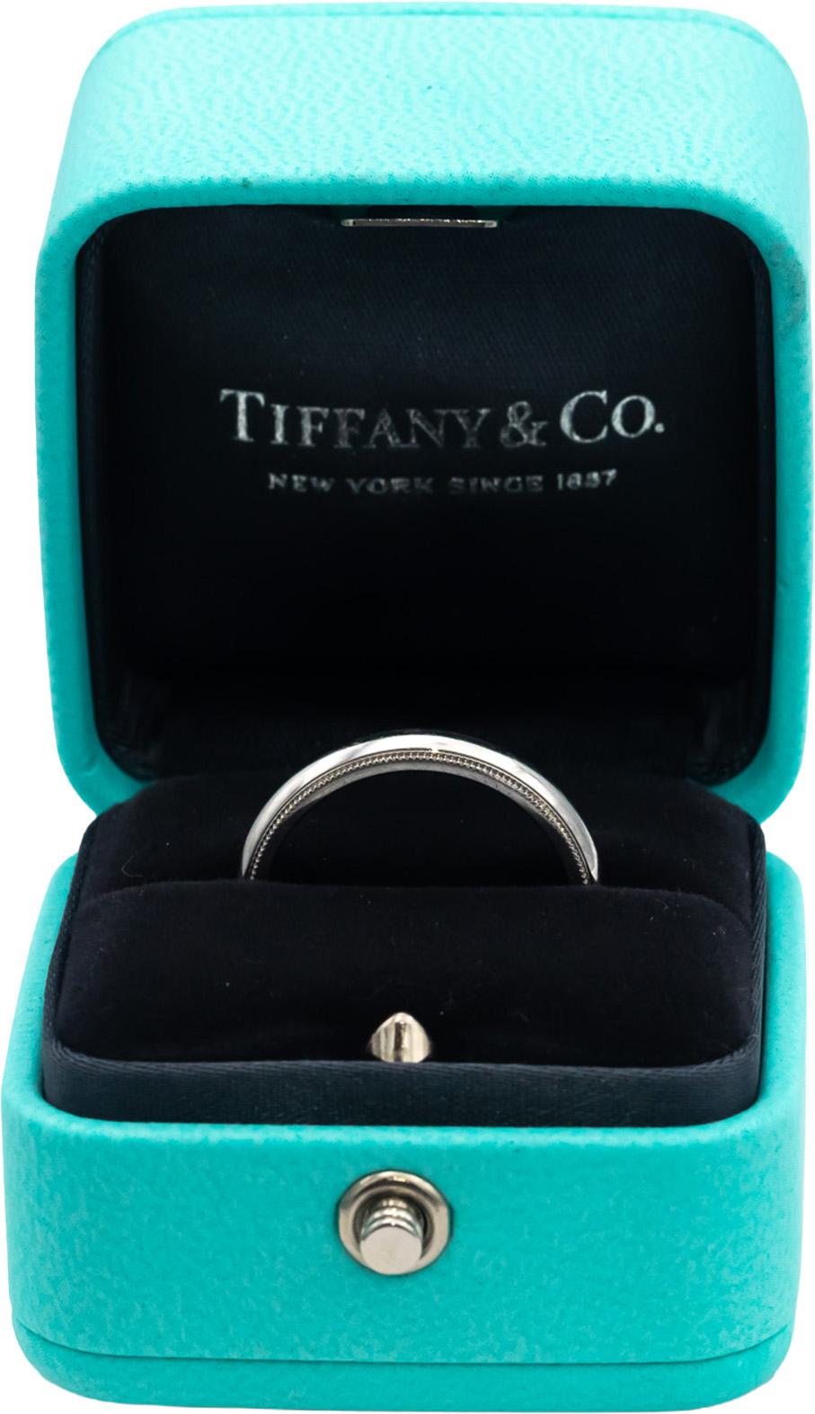 TIFFANY & CO. Platinum Classic Milgrain Wedding Band Ring Size 8.75 w/ Box