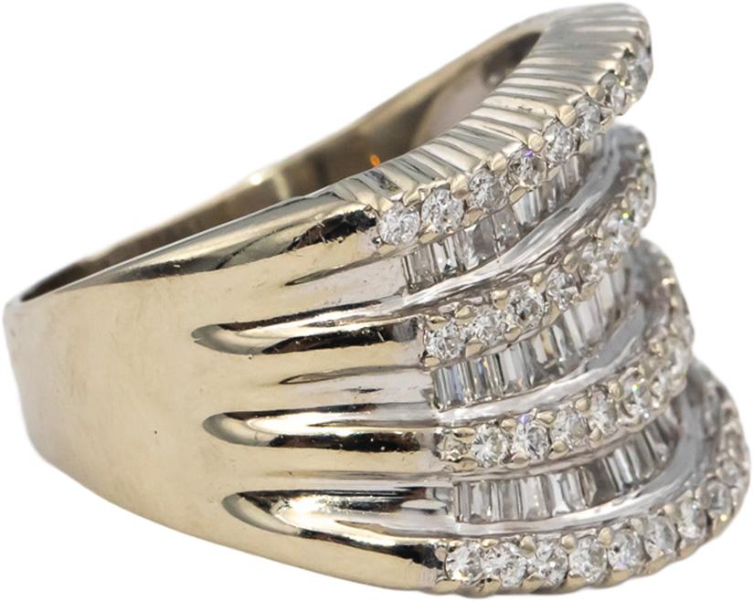 14k White Gold Round and Baguette Diamond Wide Wavy Band Ring 1.50CT Size 8.25