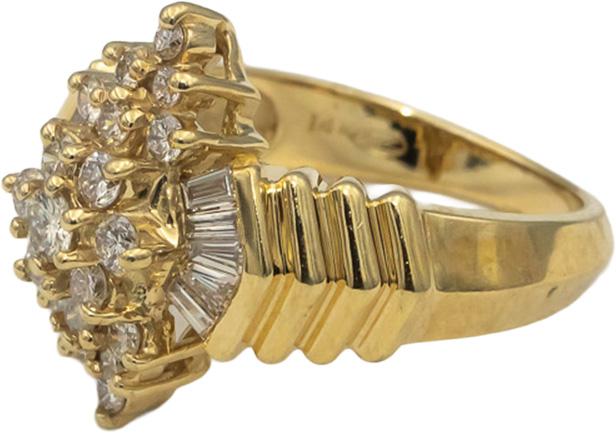 14k Yellow Gold VS Round and Baguette Cut Diamond Cocktail Ring 1.0CT Size 7.25
