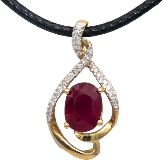 Designer Signed 9k Yellow Gold Ruby and Diamond Pendant Necklace 1.33CTW