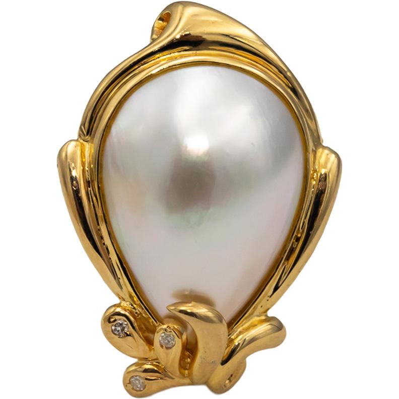 14k Yellow Gold Diamond and Mabe Pearl Earrings 0.04CT