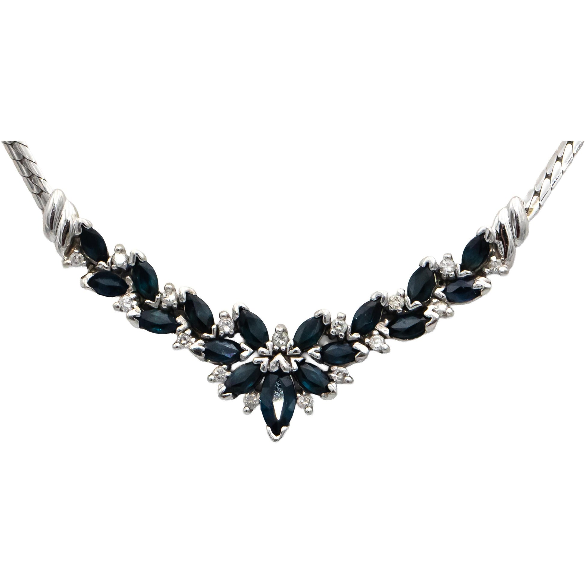 14k White Gold Marquise Cut Sapphire and Round Diamond Pendant Necklace 1.15CTW