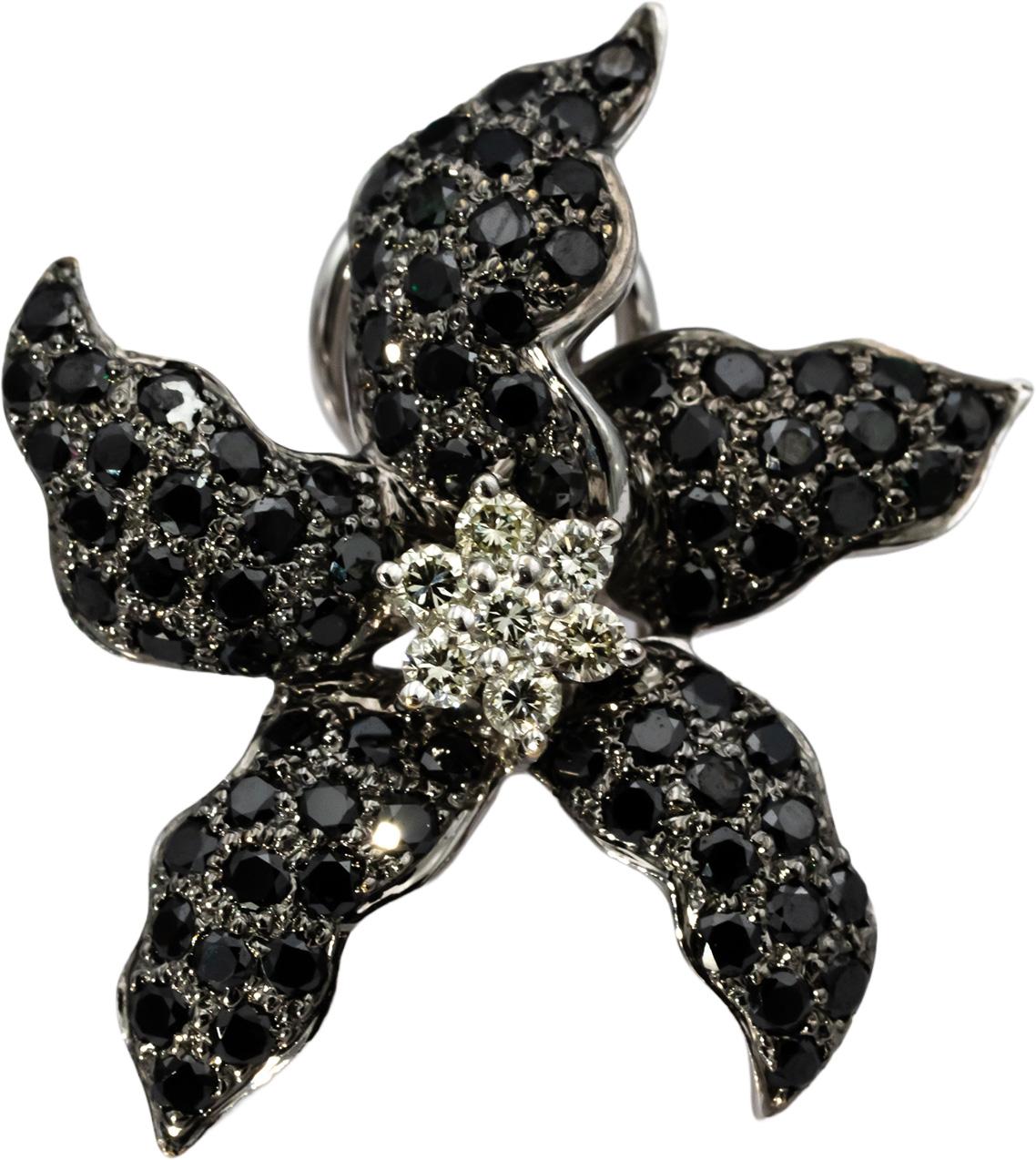 18k White Gold Round White and Black Diamond Flower Earrings 3.0CT