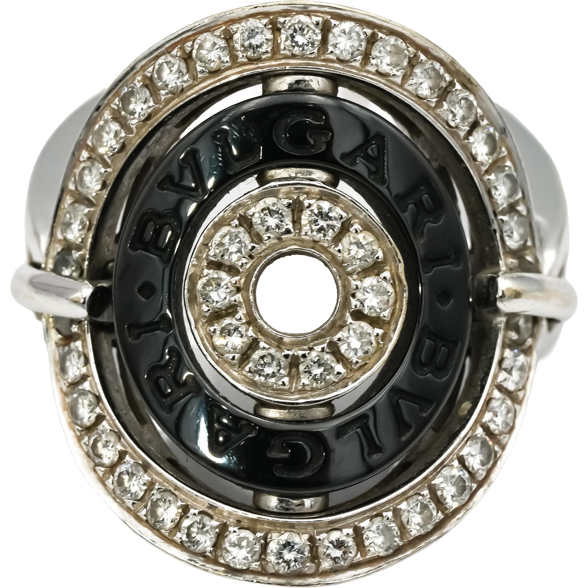 BVLGARI 18k White Gold Black Ceramic Astrale Diamond Ring 0.50CT Size 6