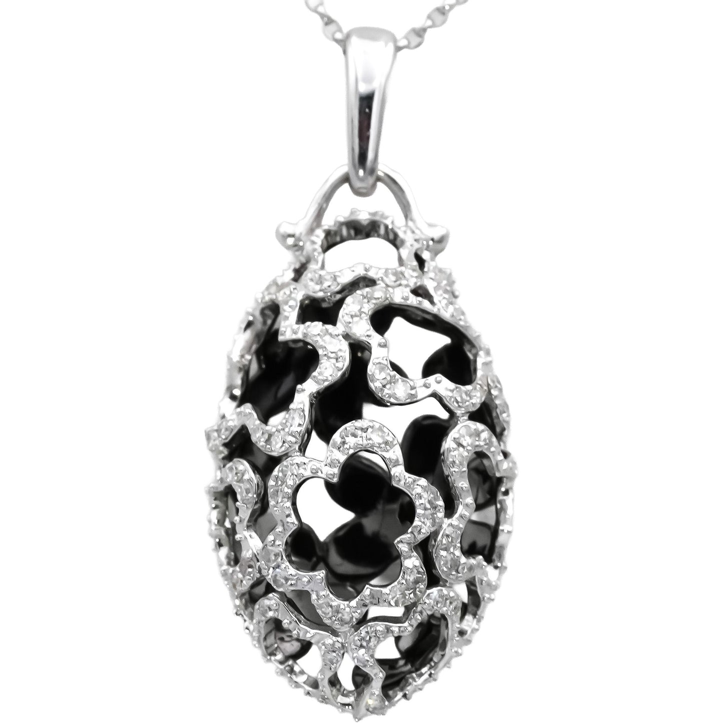 14k White Gold Diamond Filigree Clover Dome Pendant Necklace 0.25CT
