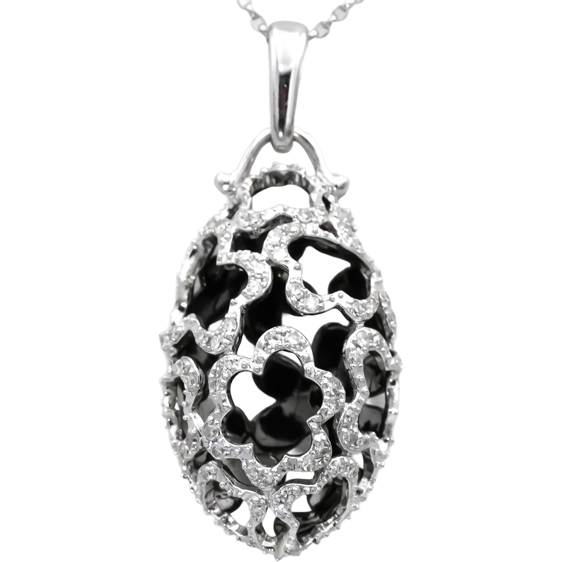 14k White Gold Diamond Filigree Clover Dome Pendant Necklace 0.25CT