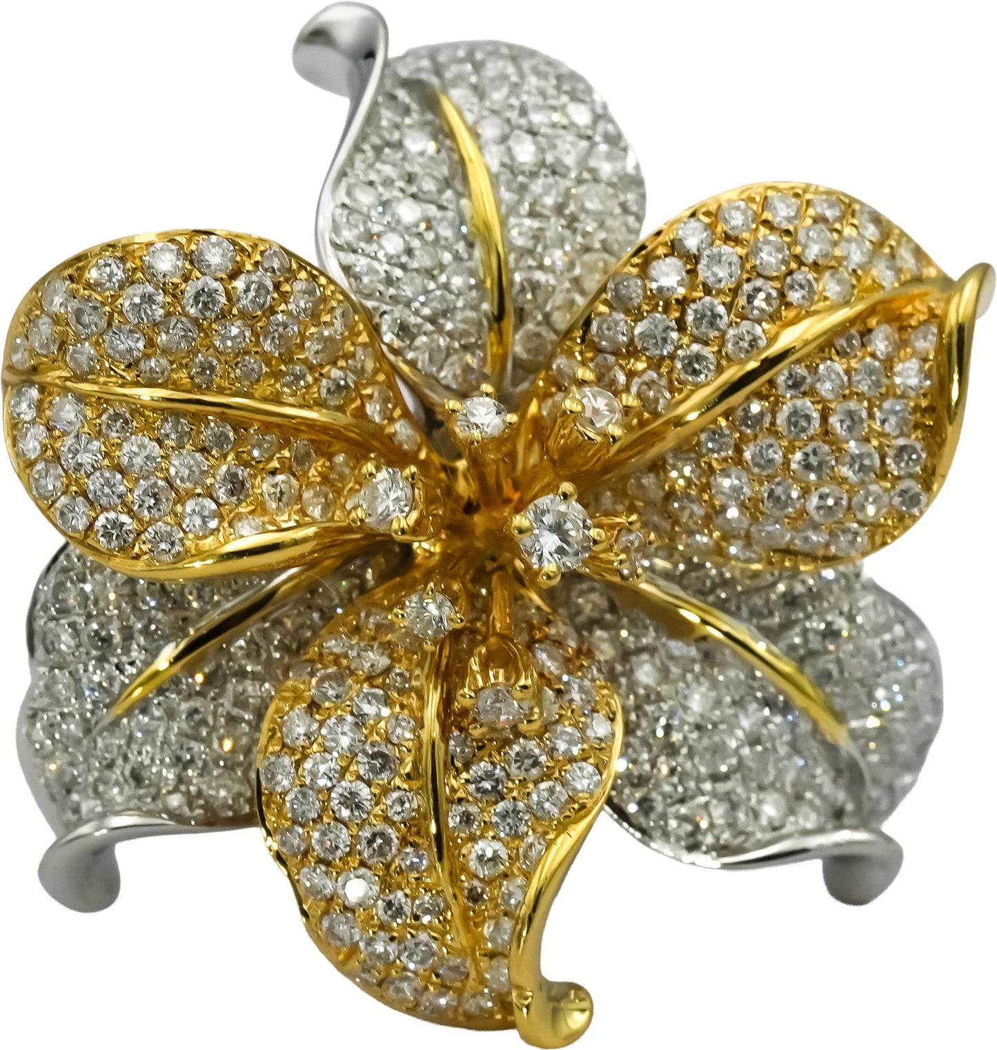 18k Yellow and White Gold Round Pave Diamond Flower Ring 2.0CT Size 6.5