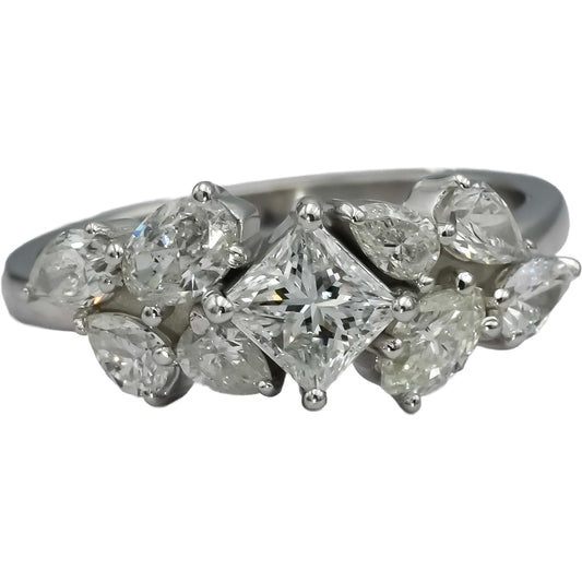 14k White Gold Mixed Cut Diamond Cluster Ring 1.67CT w/ 0.55CT Center Size 6.25