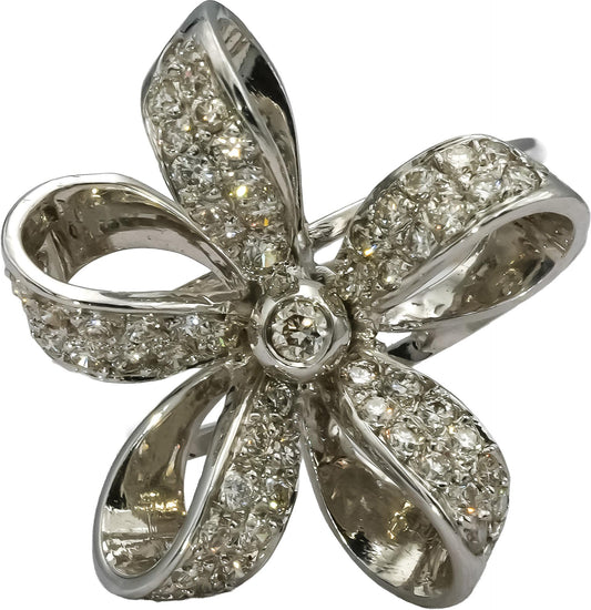 18k White Gold Round Diamond Ribbon Flower Ring 0.65CT Size 7.5