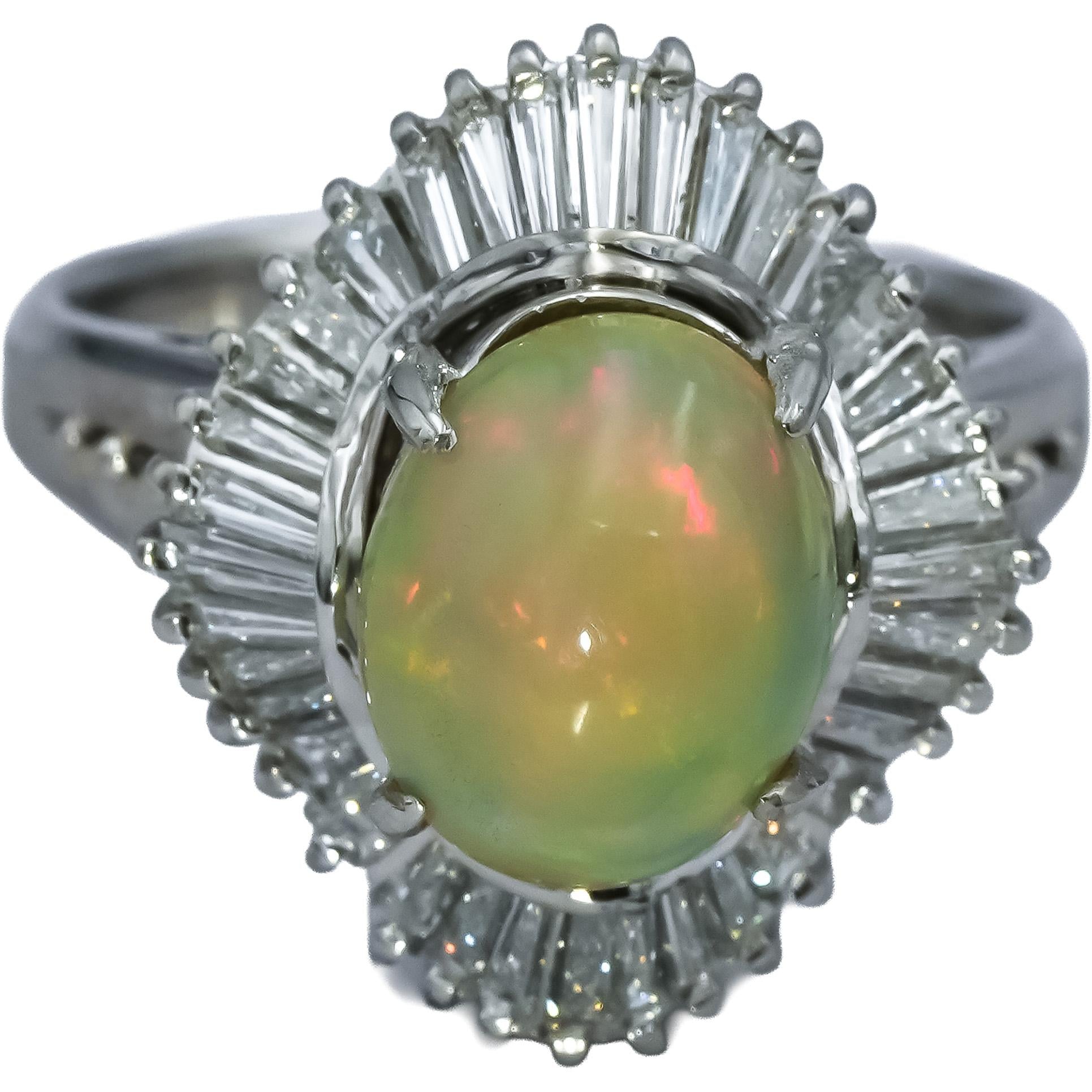 Platinum Cabochon Opal and Baguette Cut Diamond Cocktail Ring 2.98CTW Size 6.25